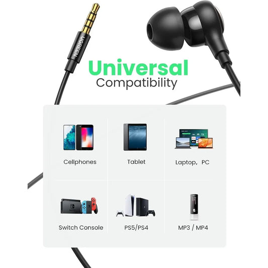 Black earbuds with a cable and compatibility chart for various devices on a white background.