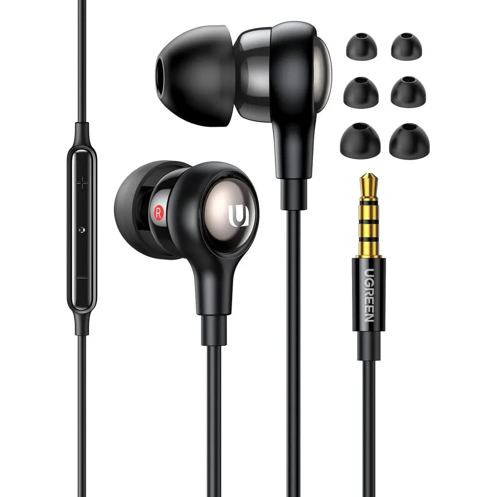 Black UGREEN earphones with microphone and detachable cable on a white background