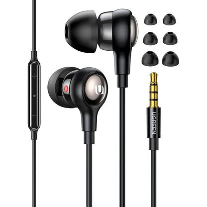 Black UGREEN earphones with microphone and detachable cable on a white background