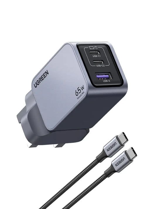 UGREEN Nexode Pro 65W 3 Port GaN Fast Charger, UK Plug + 100W Type C to Type C Cable