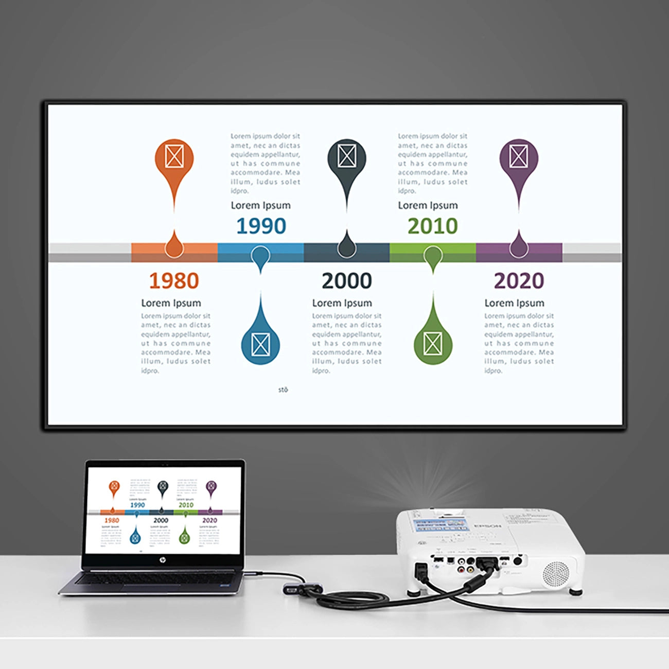 Digital display showing a timeline with a laptop and projector on a table.