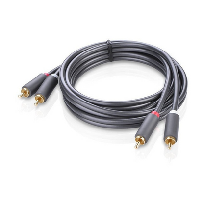 A 5-meter long black 2RCA male to 2RCA male cable with gold-plated connectors and a braided design.