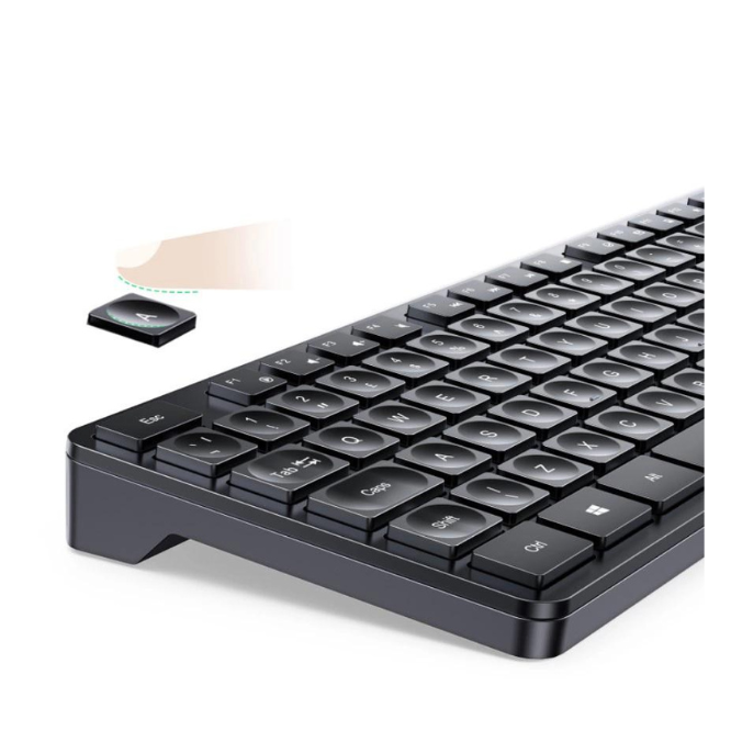 Black keyboard with a wireless mouse on a white background