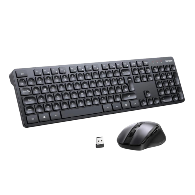 Black keyboard and mouse set with USB receiver on a white background