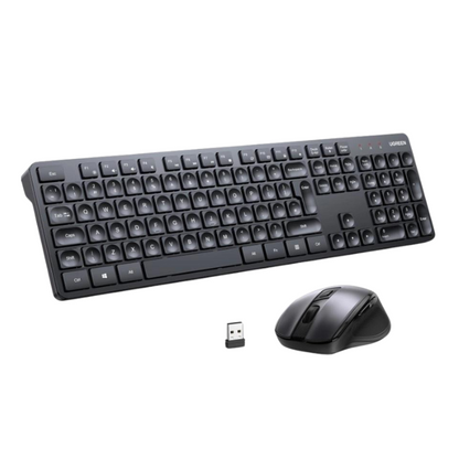 Black keyboard and mouse set with USB receiver on a white background