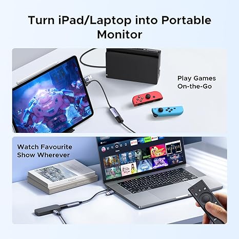 Product showing how to use a device to turn an iPad or laptop into a portable monitor for gaming and watching shows.