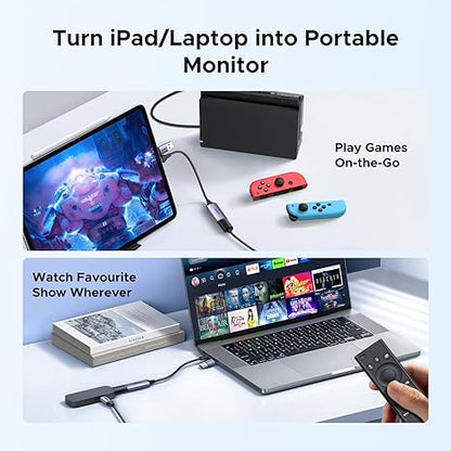 Product showing how to use a device to turn an iPad or laptop into a portable monitor for gaming and watching shows.