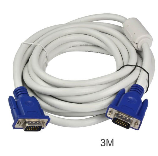 White VGA cable with blue connectors on a white background