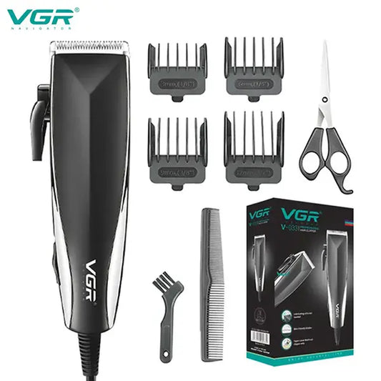 VGR hair trimmer set with attachments and packaging on a white background