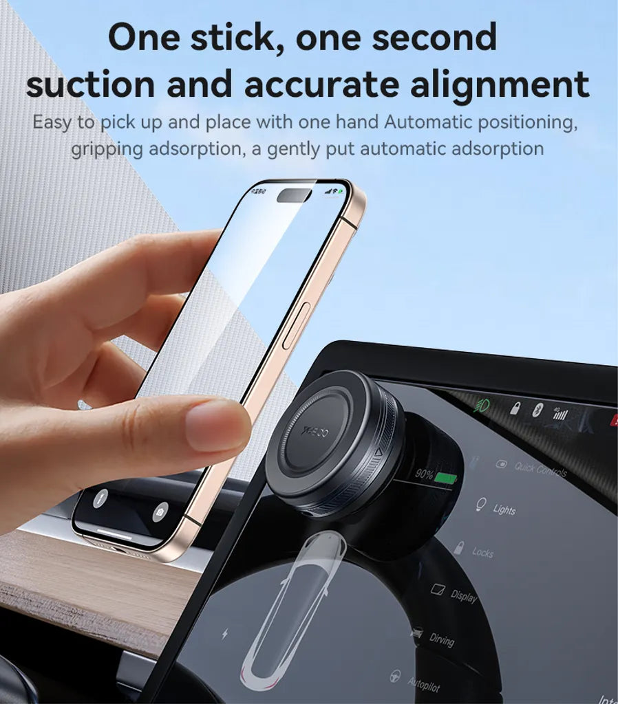 Hand holding a smartphone with a magnetic吸附器 on a car dashboard, with text about suction and alignment.