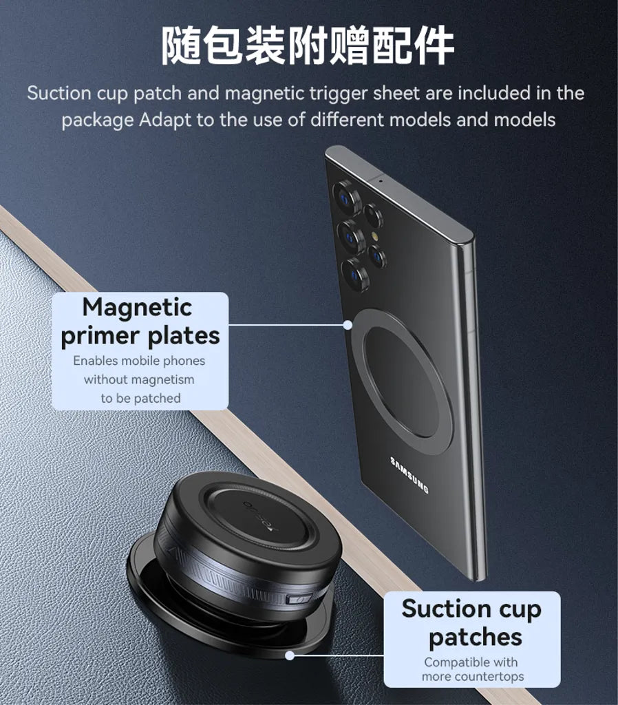 Samsung phone with magnetic primer plates and suction cup patches on a dark background