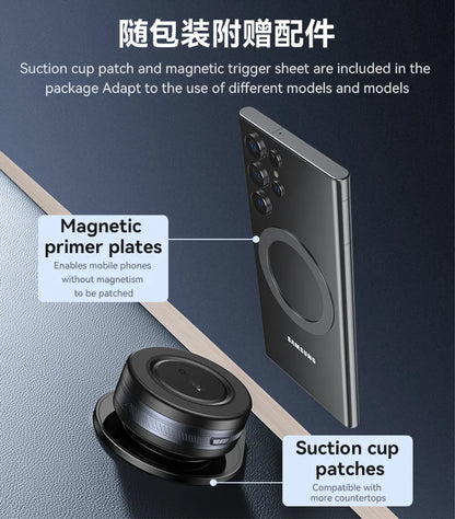 Samsung phone with magnetic primer plates and suction cup patches on a dark background