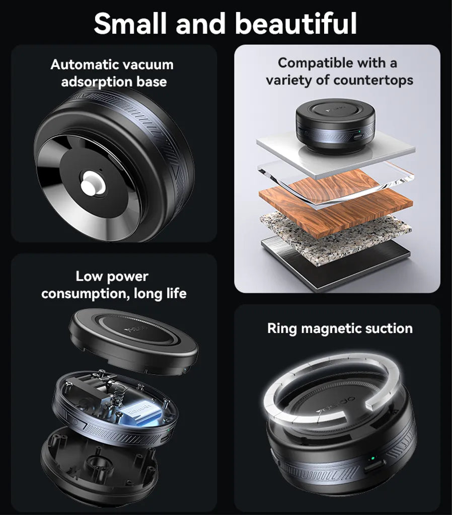 Product features including an automatic vacuum adsorption base, compatibility with countertops, low power consumption, long life, and ring magnetic suction.