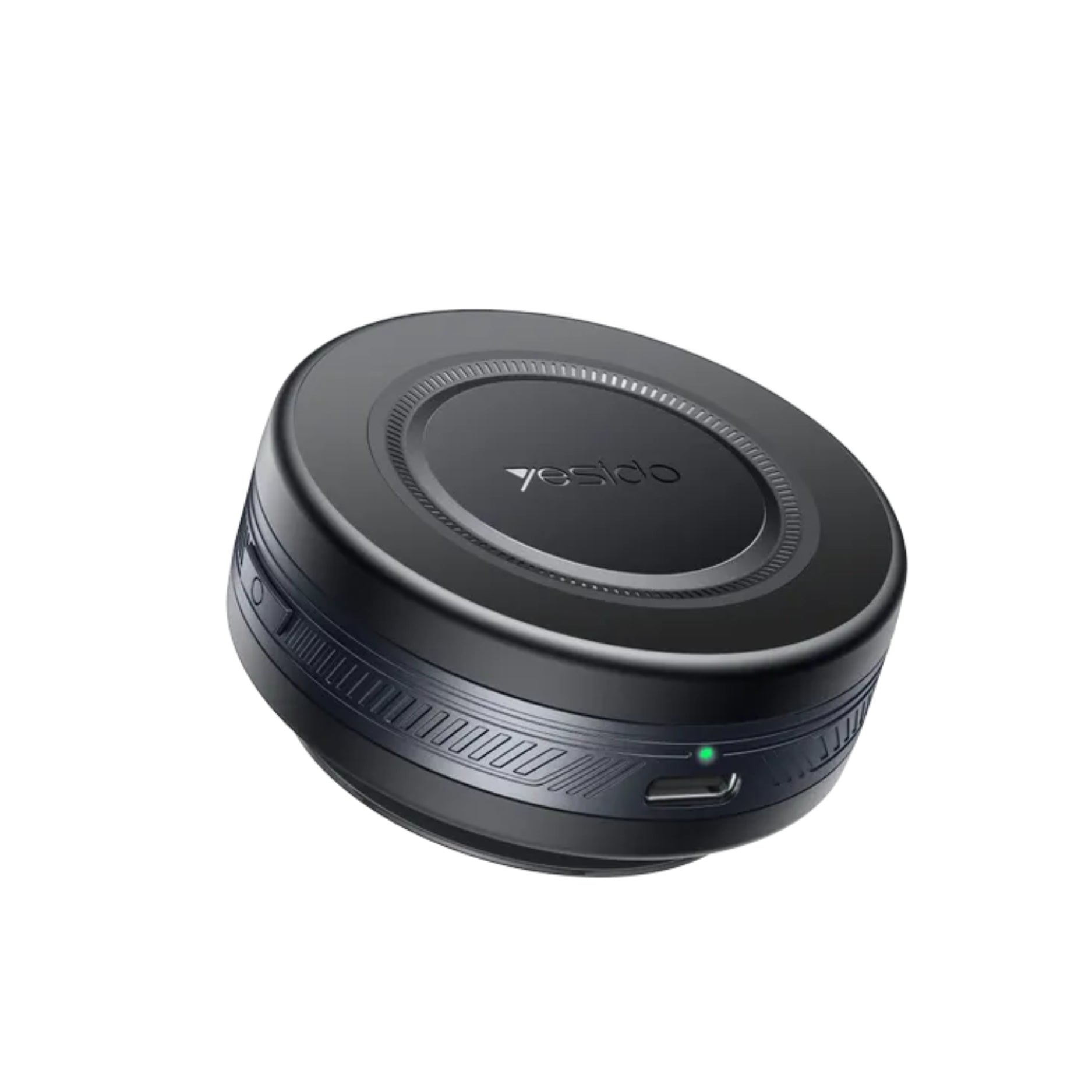 Black wireless charging pad with USB port on a white background