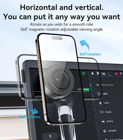 Phone holder with 360-degree rotation feature displayed on a car dashboard.