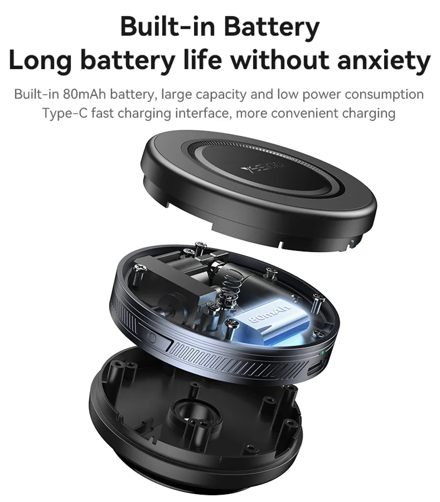 Wireless charging pad with built-in battery and Type-C fast charging interface on a white background.