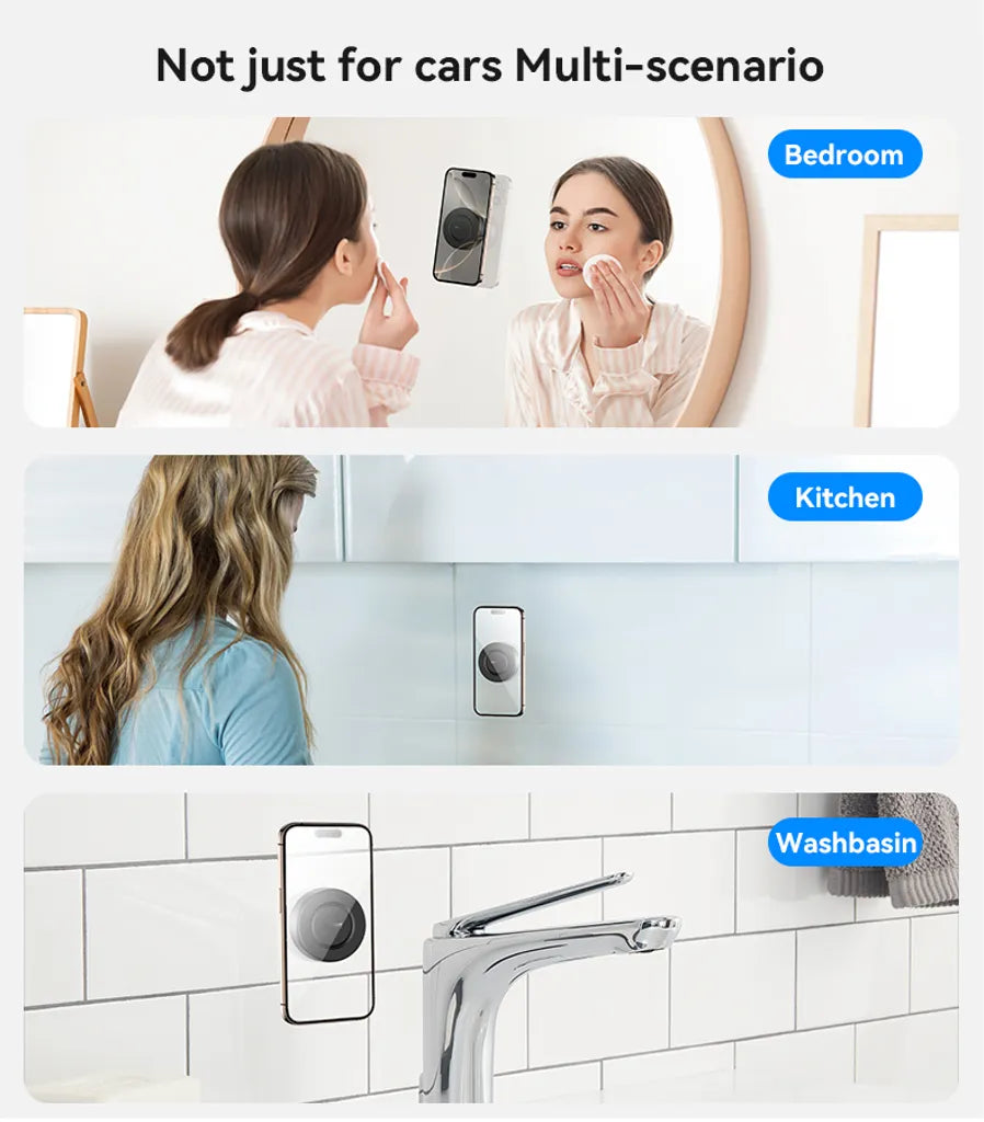 Smart device being used in various scenarios including a bedroom, kitchen, and washbasin.
