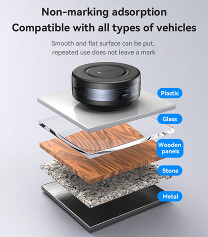 Black wireless charging pad on a gray background with text about non-marking adsorption and compatibility with various surfaces.
