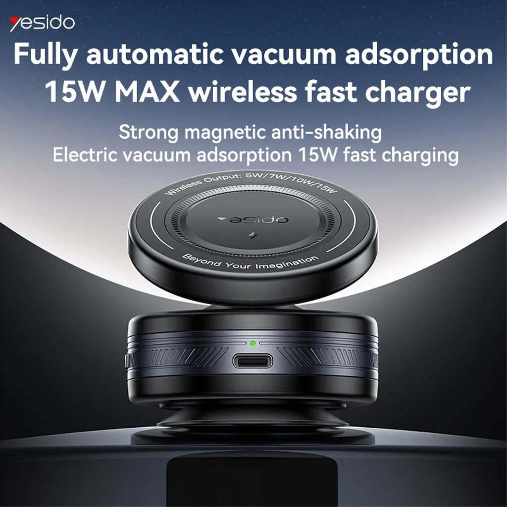 Yesido wireless fast charger with text highlighting features on a dark background