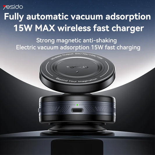Yesido wireless fast charger with text highlighting features on a dark background