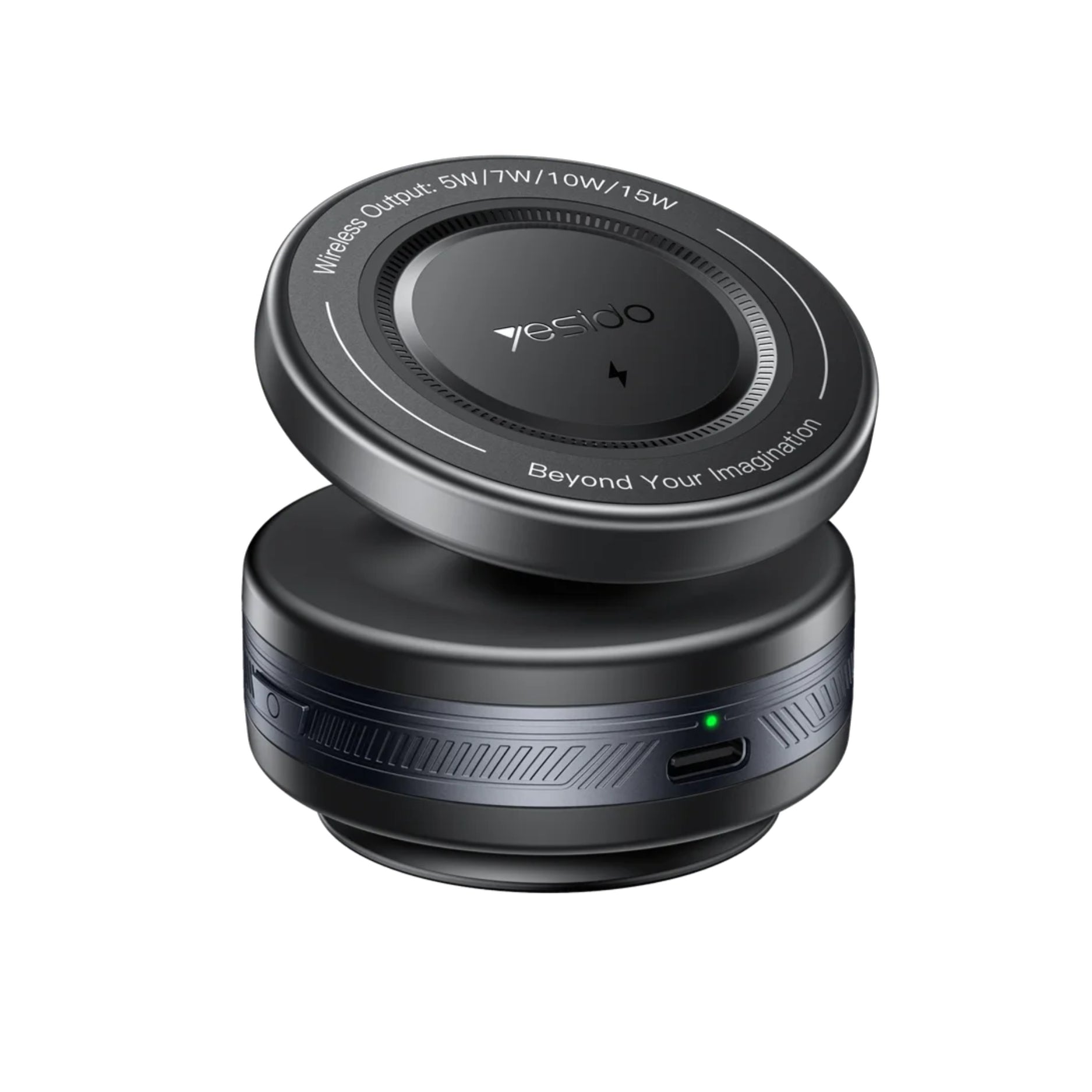 Black wireless charging pad with 'ecoo' branding on a white background