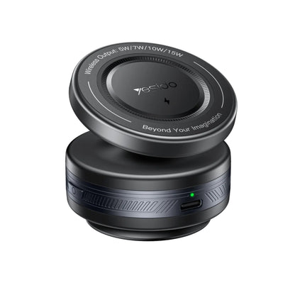 Black wireless charging pad with 'ecoo' branding on a white background