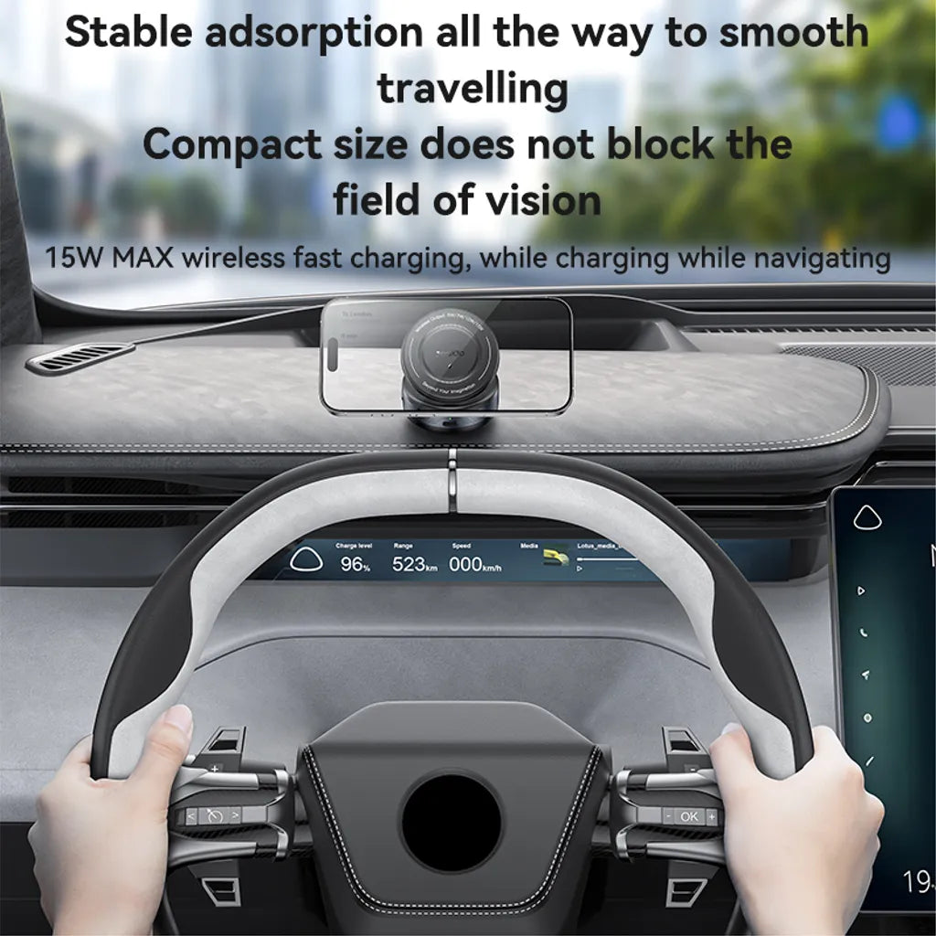 Car dashboard with wireless charging pad and steering wheel, text about stability and compact size.
