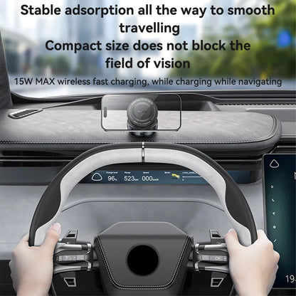 Car dashboard with wireless charging pad and steering wheel, text about stability and compact size.