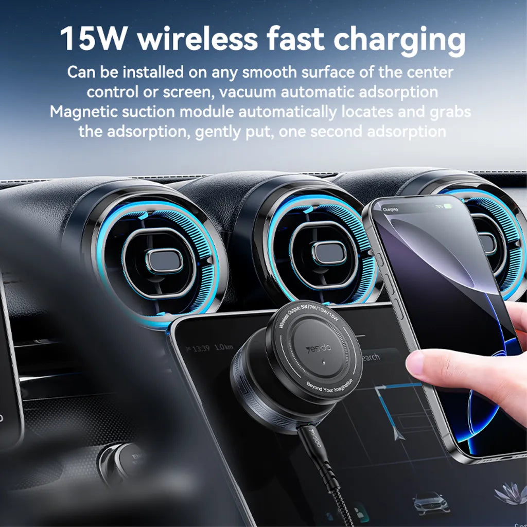 Car dashboard with wireless charging pad and smartphone, text about 15W wireless fast charging.