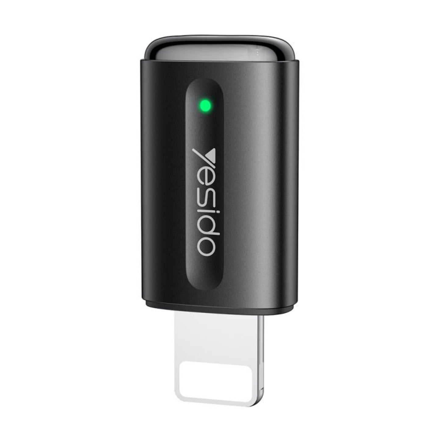 Black car air freshener with a green light on a white background