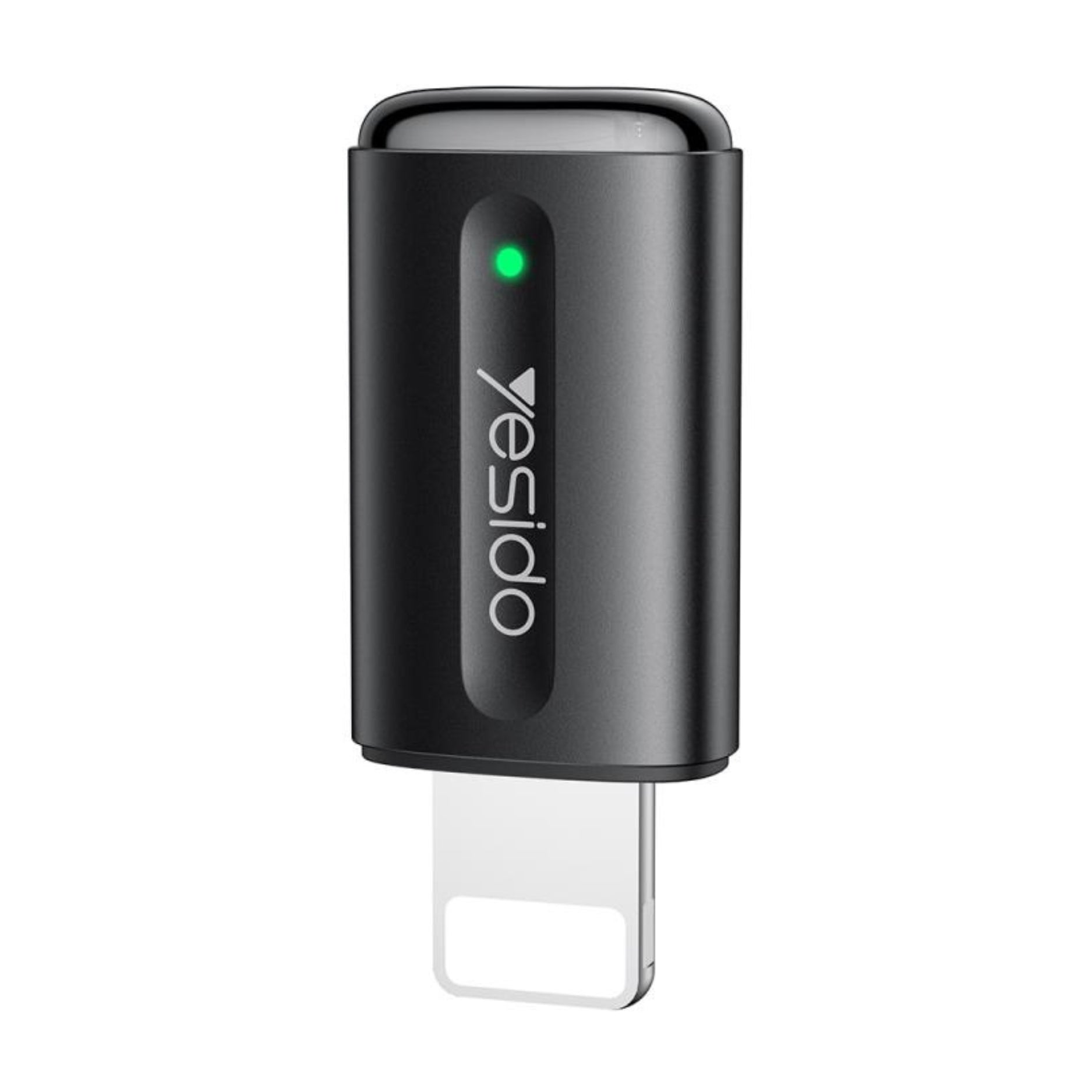 Black car air freshener with a green light on a white background