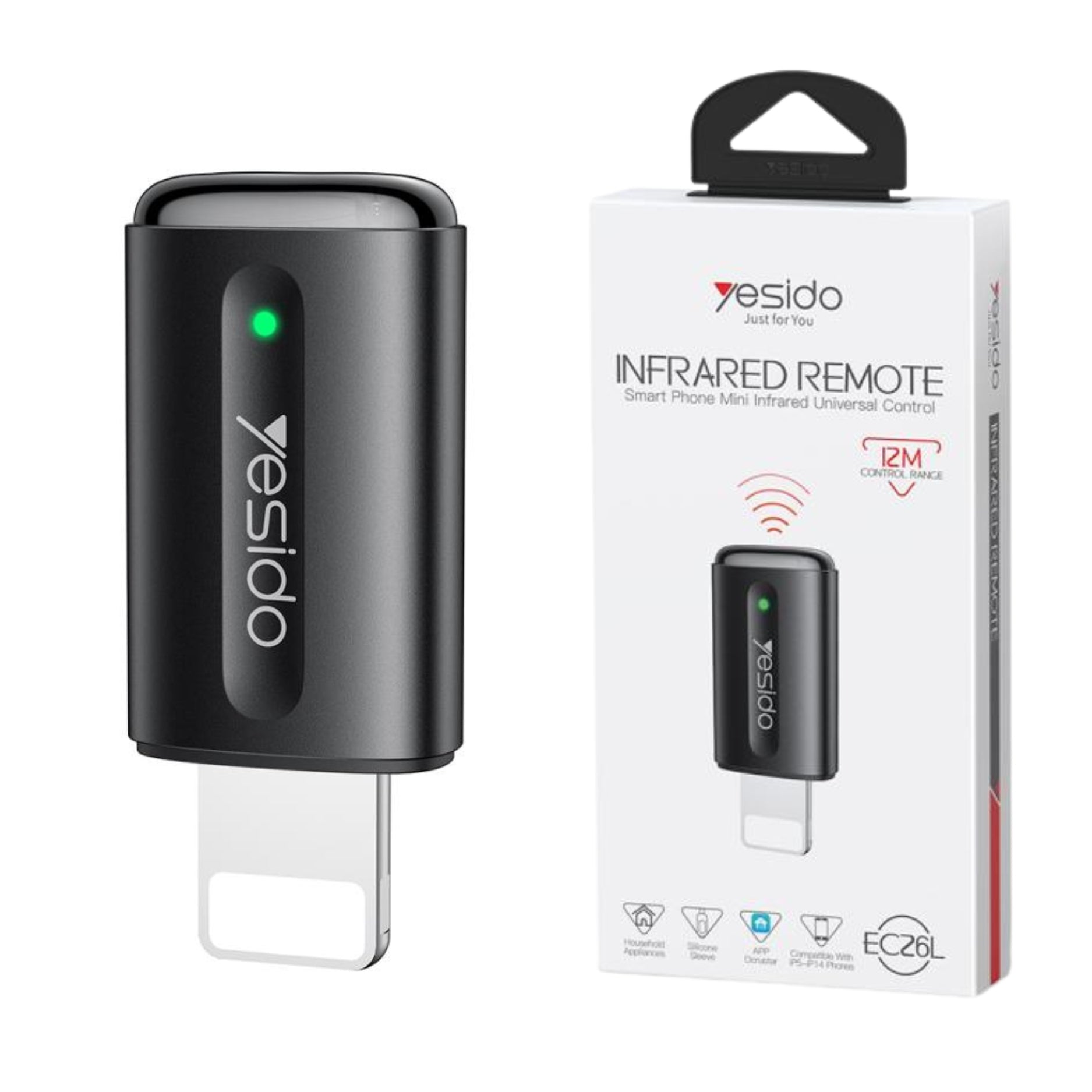 Black infrared remote control with Yesido branding and packaging on a white background