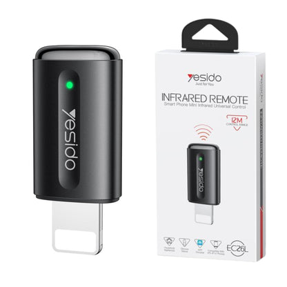 Black infrared remote control with Yesido branding and packaging on a white background