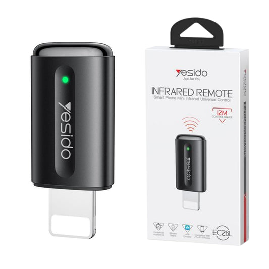 Black infrared remote control with Yesido branding and packaging on a white background