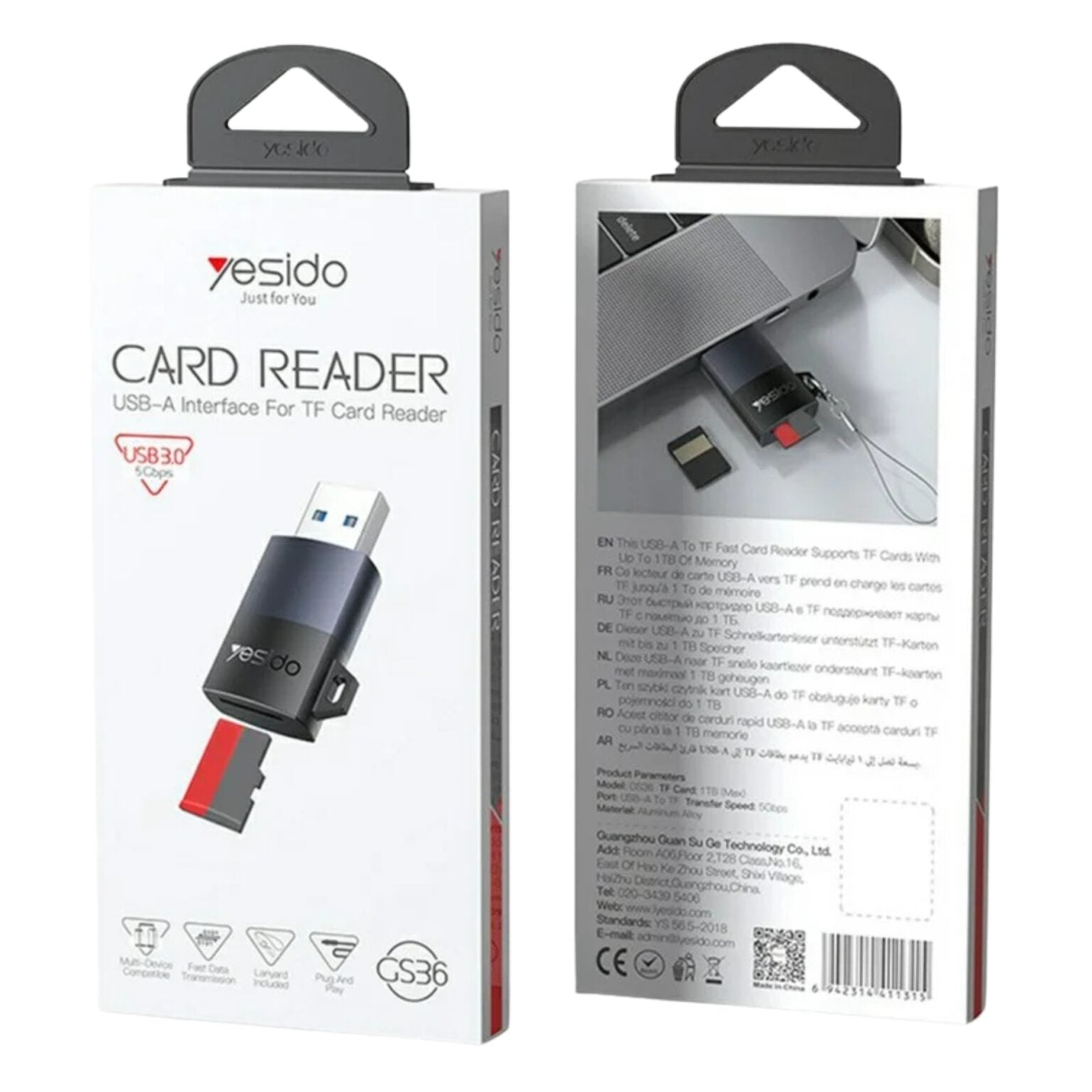 Yesido card reader packaging with front and back views on a white background