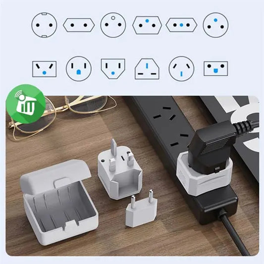 Set of travel adapters on a wooden surface with icons above.