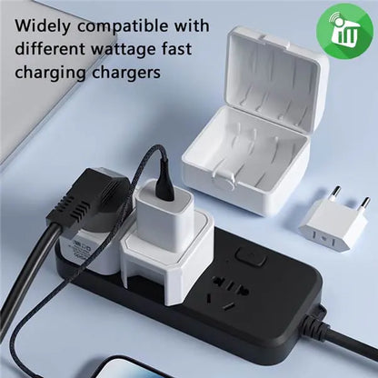 Power adapter with multiple outlets and charging ports on a light blue background