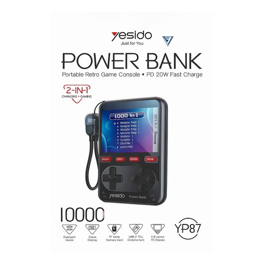 Yesido power bank with portable retro game console on a white background