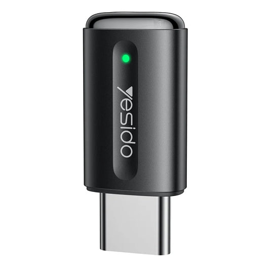 Black USB Type-C adapter with green indicator light on a white background