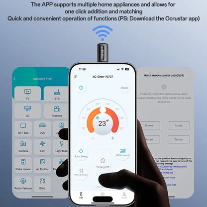 Smart home control app on a smartphone with a hand holding the phone, and a remote control in the background.