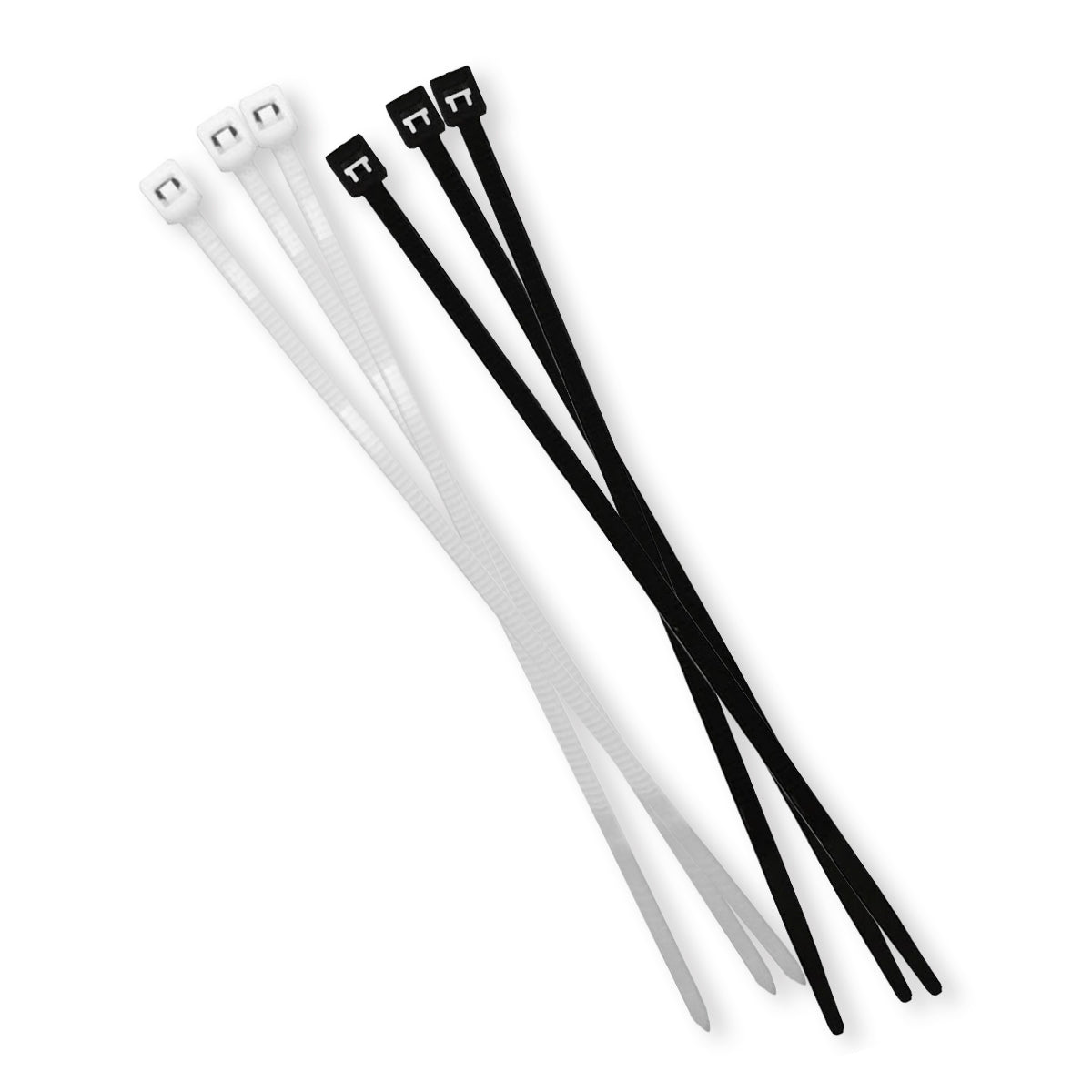 Set of white and black cable ties on a white background
