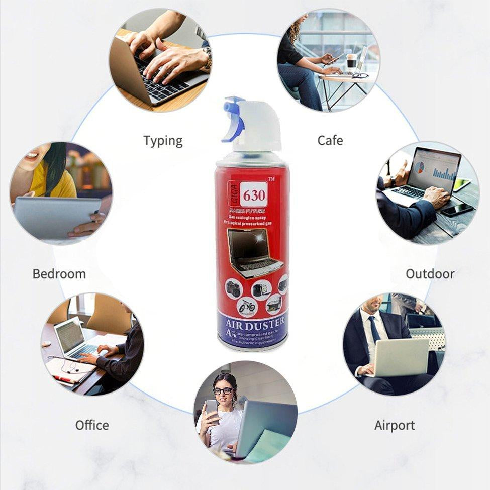 Air duster can with usage scenarios including typing, cafe, bedroom, outdoor, office, and airport on a white background.