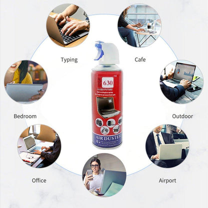 Air duster can with usage scenarios including typing, cafe, bedroom, outdoor, office, and airport on a white background.