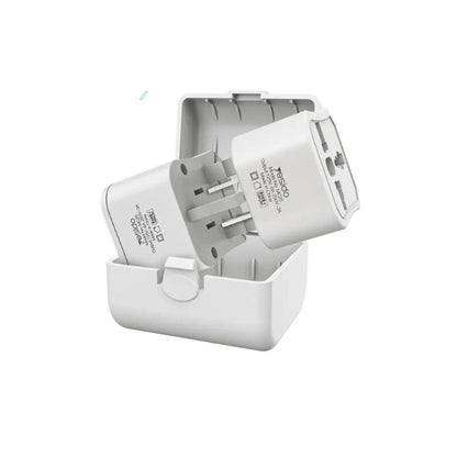 White travel adapter with multiple plug sockets on a white background