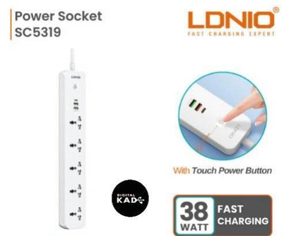 LDNIO SC5319 Power Strip 38W with 5 Sockets, 3-Port USB Charger, 2 Meters