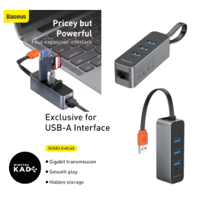 Baseus Steel Cannon Series Hub Adapter (USB A to USB 3.0*3+ RJ45 ) [355]