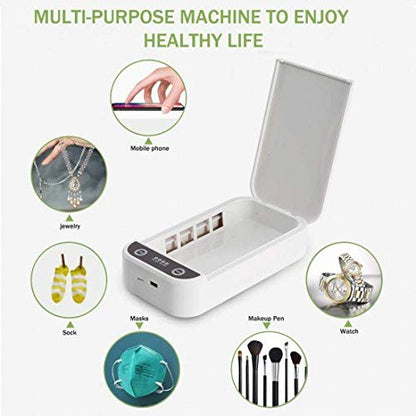 Multi-purpose cleaning machine for jewelry, phone, masks, socks, makeup pen, and watch with text 'Multi-purpose machine to enjoy healthy life'.