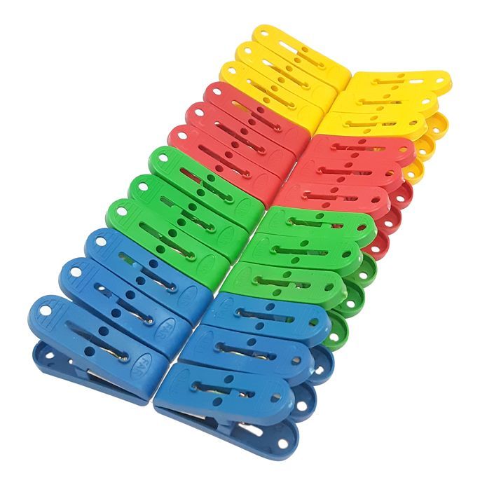 Set of colorful plastic clips arranged in a circular pattern on a white background