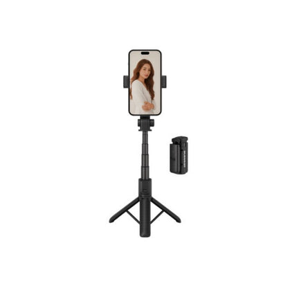 Black smartphone selfie stick with phone holder on a white background