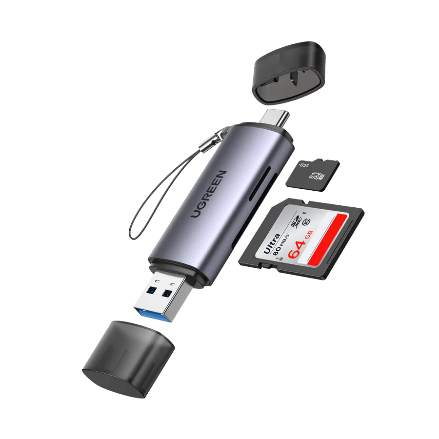 USB drive with SD card reader and Ugreen branding on a white background